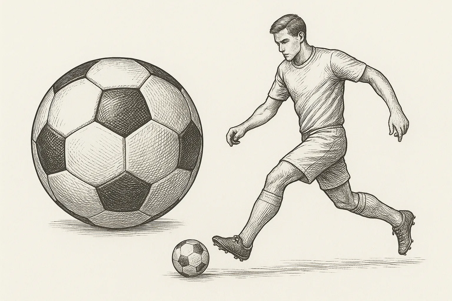 サッカー図鑑のリアルな絵｜サッカー図鑑の絵は、ボールを蹴る選手の動きとともに競技用ボールが大きく描かれ、動きと躍動感を表現しています。線画の力強さが際立ち、競技のダイナミックさを伝える図鑑的表現となっています。