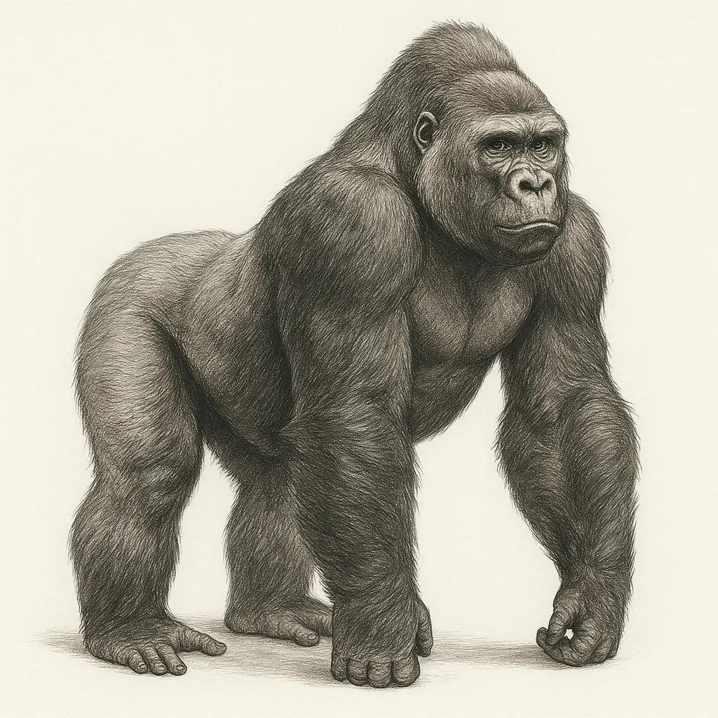 ゴリラの図鑑のリアルな絵｜ゴリラの図鑑の絵は筋肉の張りや毛並みが緻密に表現され、堂々とした姿から威厳が感じられます。細かい線画と陰影が重なり、学術的な資料としても美術作品としても映える仕上がりになっています。