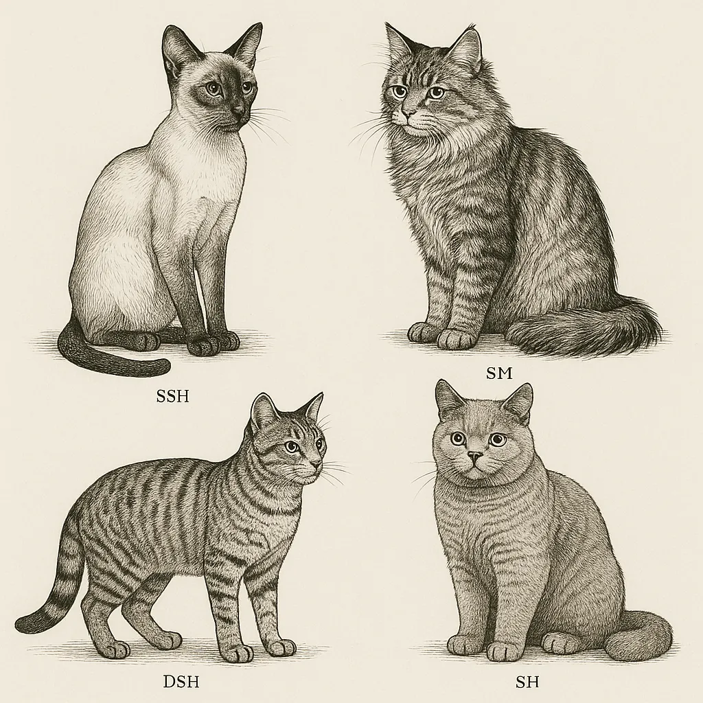 猫の図鑑のリアルな絵｜猫の図鑑の絵は繊細な線描が際立ち、毛並みの質感や体型の違いが丁寧に表現されています。淡い色調で落ち着きを感じさせ、研究用資料のような整然とした雰囲気を持ちながらも柔らかい印象を与えます。