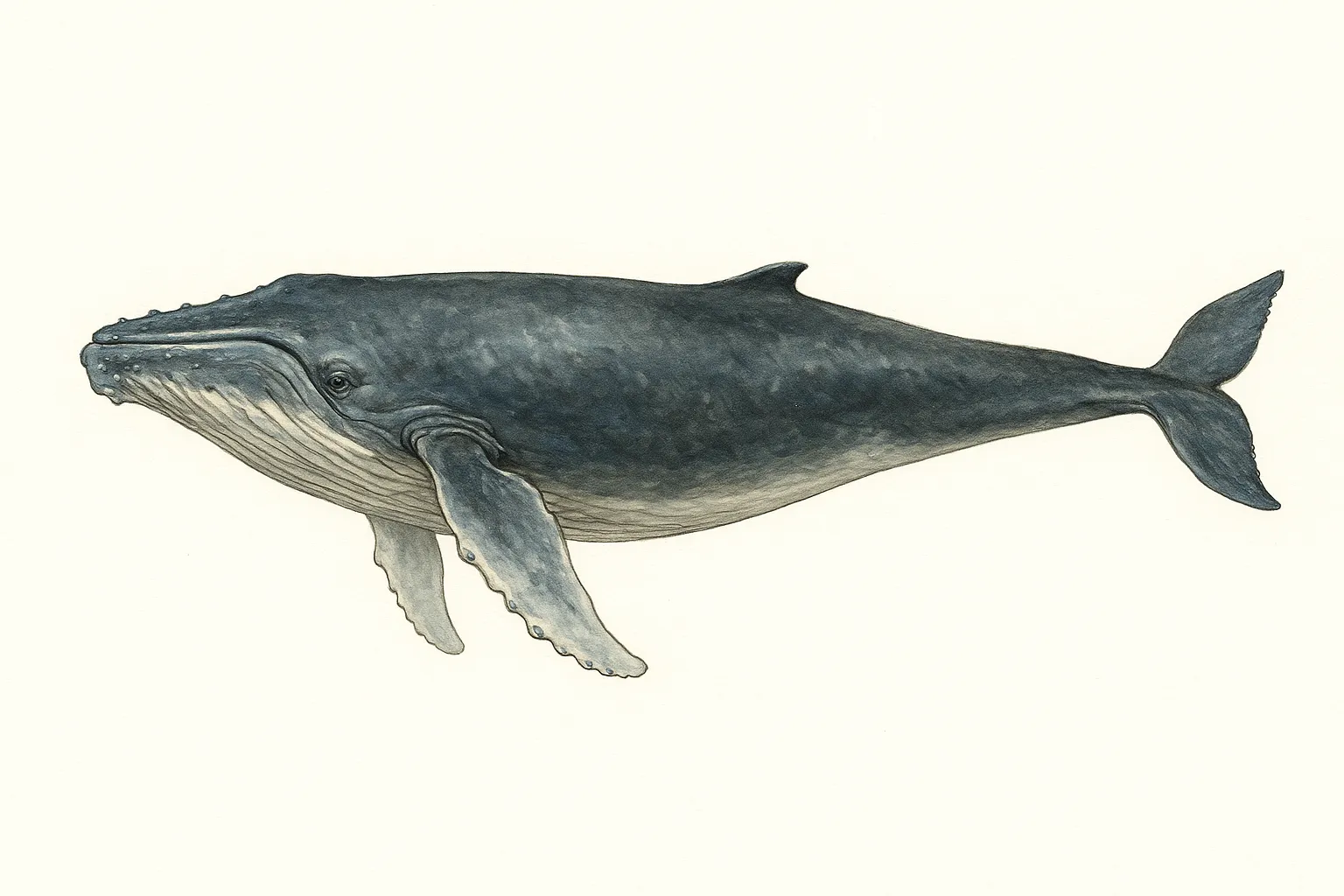 クジラの図鑑のリアルな絵｜クジラの図鑑の絵は壮大な体のラインや独特のひだを丁寧に描き込み、海洋最大級の生物としての存在感を伝えています。淡い青みを帯びた色調が水中での姿を連想させ、科学的資料としての正確さも魅力です。