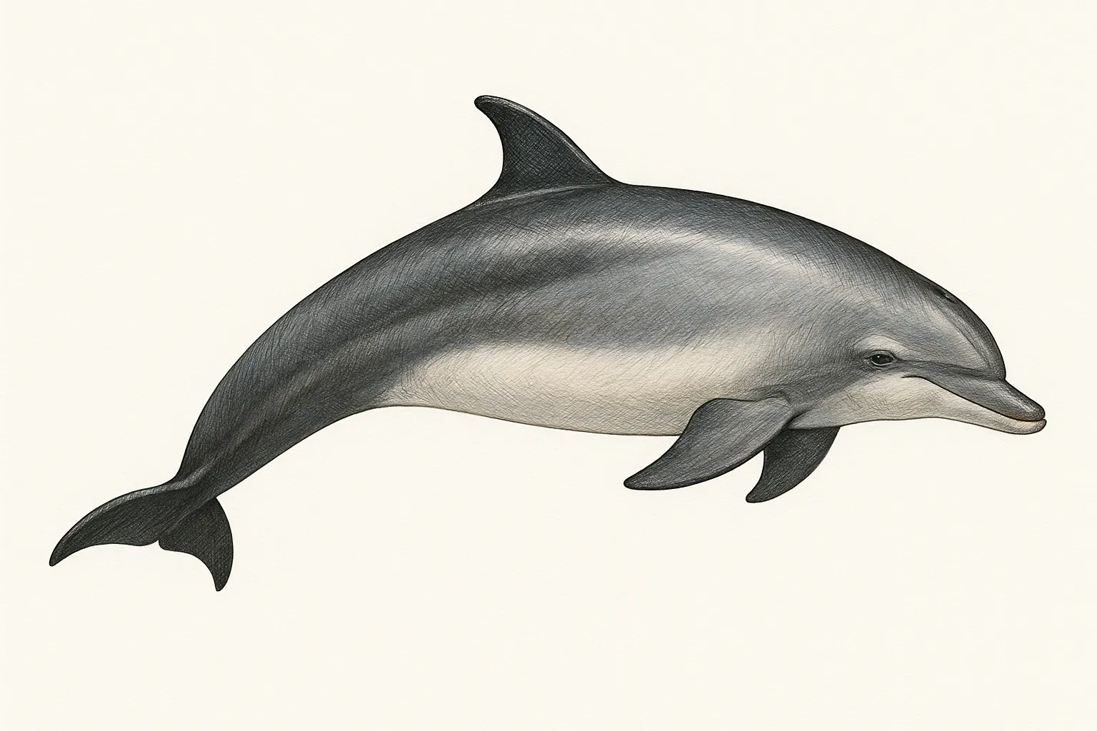 イルカの図鑑のリアルな絵｜イルカの図鑑の絵は流線型の体や穏やかな表情が精巧に描写され、親しみやすさと俊敏さが伝わります。柔らかな色合いと繊細な陰影が特徴で、自然な生態を忠実にとらえた資料画になっています。