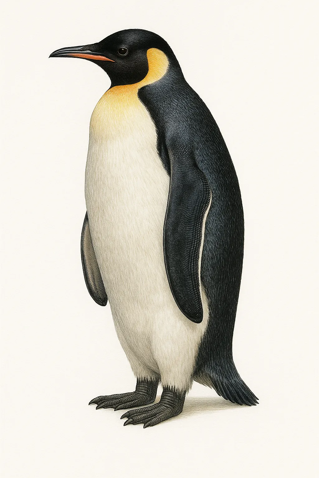 ペンギン図鑑のリアルな絵｜端正な立ち姿を丁寧に描いたペンギン図鑑の絵。羽毛の質感や体の丸みが柔らかく表現され、冷たい環境で生きる雰囲気が伝わります。シンプルな背景で姿が際立ち、学術的な正確さと美しさを兼ね備えています。