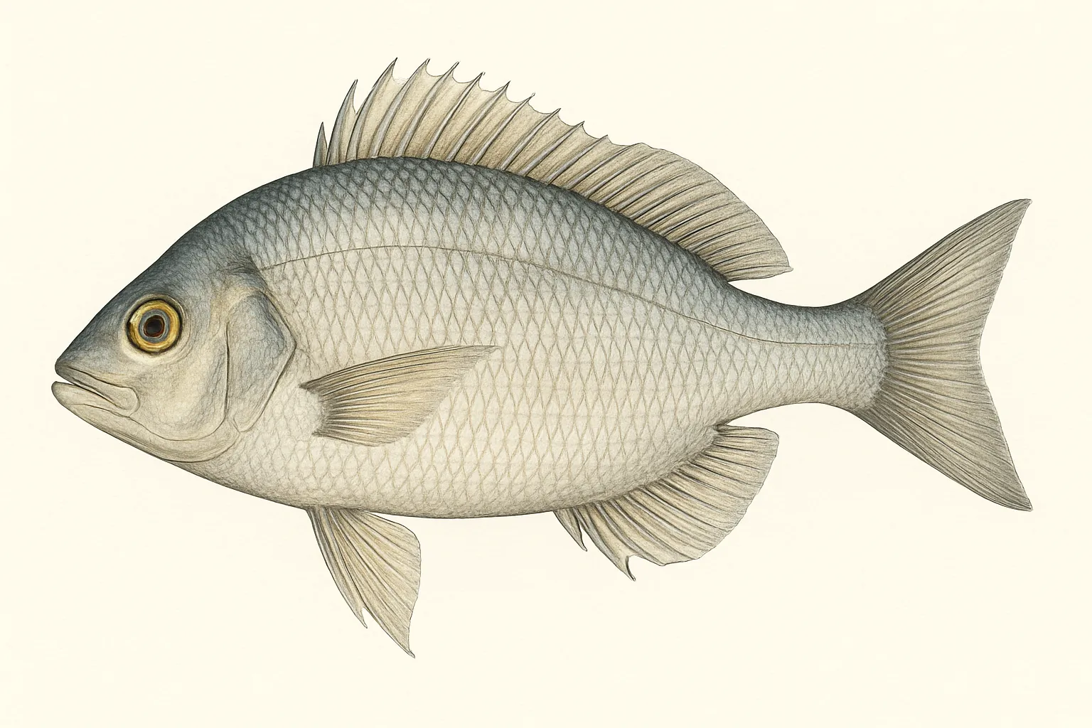 魚図鑑のリアルな絵｜鱗の並びや体型を克明に描いた魚図鑑の絵。鋭い眼差しと整った輪郭が力強さを表し、標本としての正確さを持ちながら生き生きとした姿が伝わります。落ち着いた色調が学術的な印象を強めています。