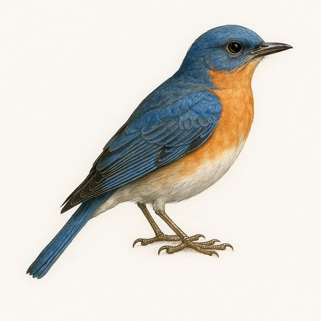 鳥図鑑のリアルな絵｜青とオレンジの鮮やかなコントラストが印象的な鳥図鑑の絵です。羽毛の一本一本が細やかに表現され、柔らかさと光沢を感じさせます。生き生きとした姿がリアルで自然観察の魅力を伝えています。