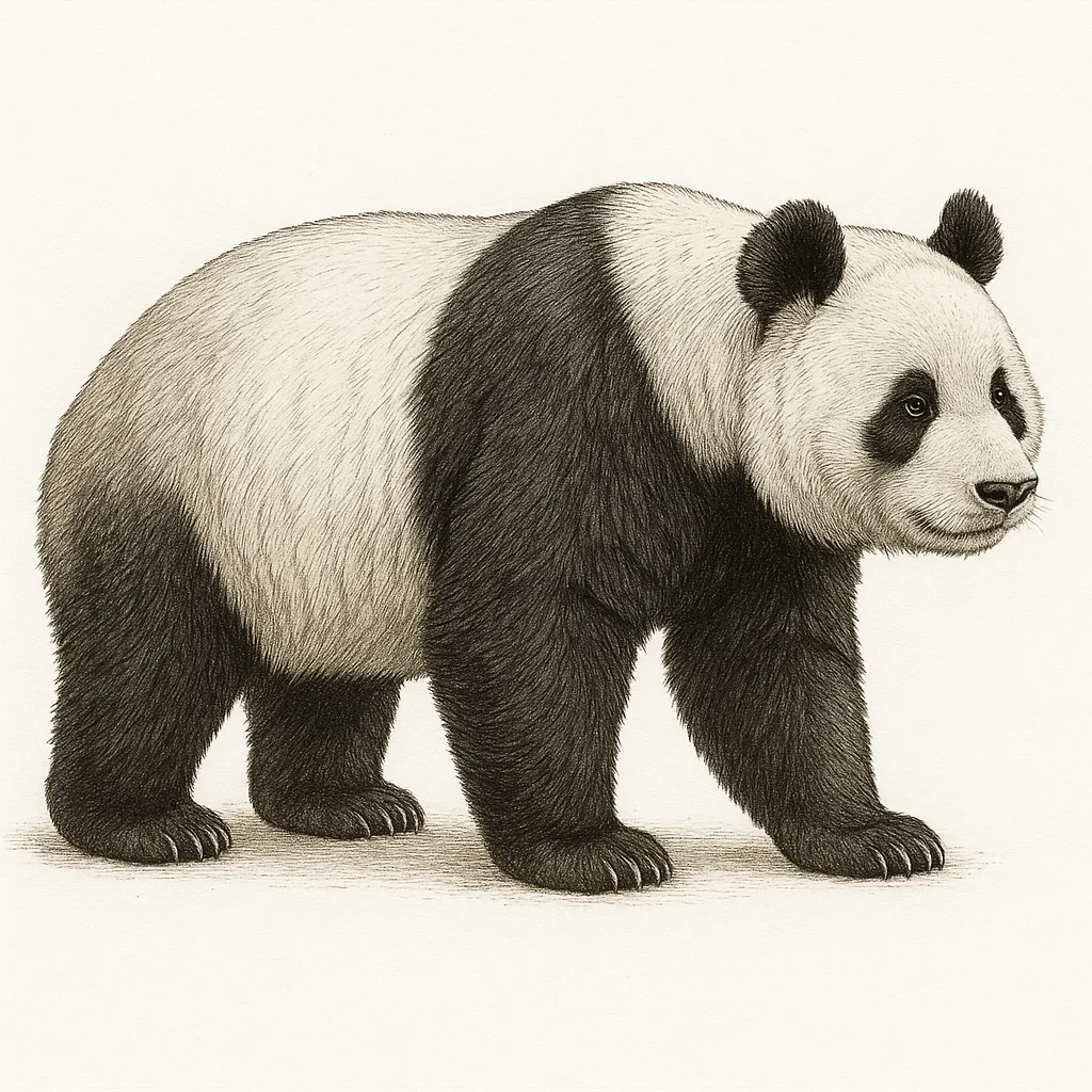 パンダの図鑑のリアルな絵｜パンダの図鑑の絵は白黒のコントラストが際立ち、柔らかな毛並みや丸みのある体型が細やかに描かれています。写実的でありながら愛らしい印象を与え、静かな観察記録のような雰囲気を持っています。