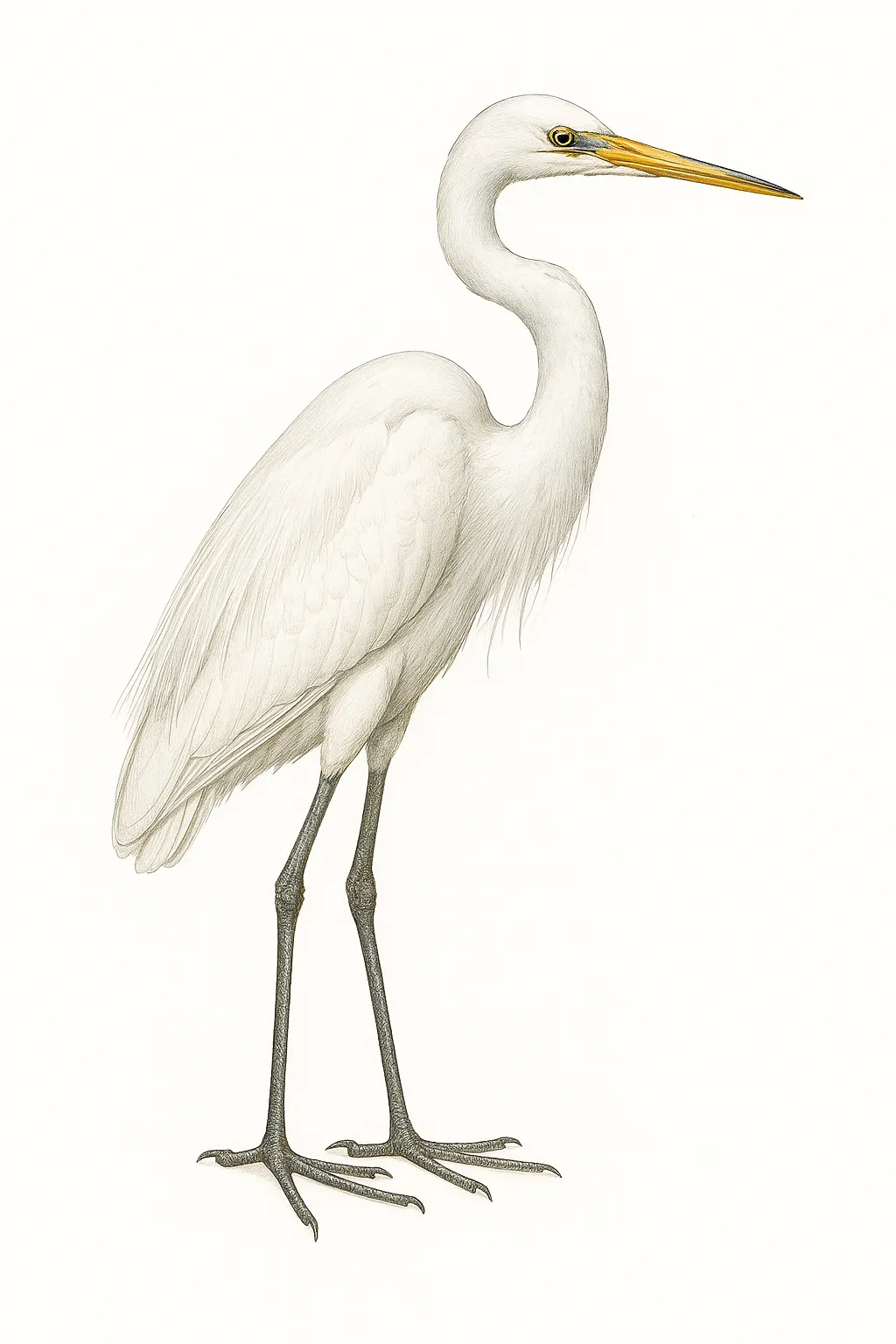 白鳥図鑑のリアルな絵｜すらりとした姿と白い羽毛の質感が丁寧に描かれた白鳥図鑑の絵です。シンプルな背景により美しいフォルムが際立ち、清楚で気品ある印象を放ちます。図鑑的でありながら優雅さも感じられる作品です。