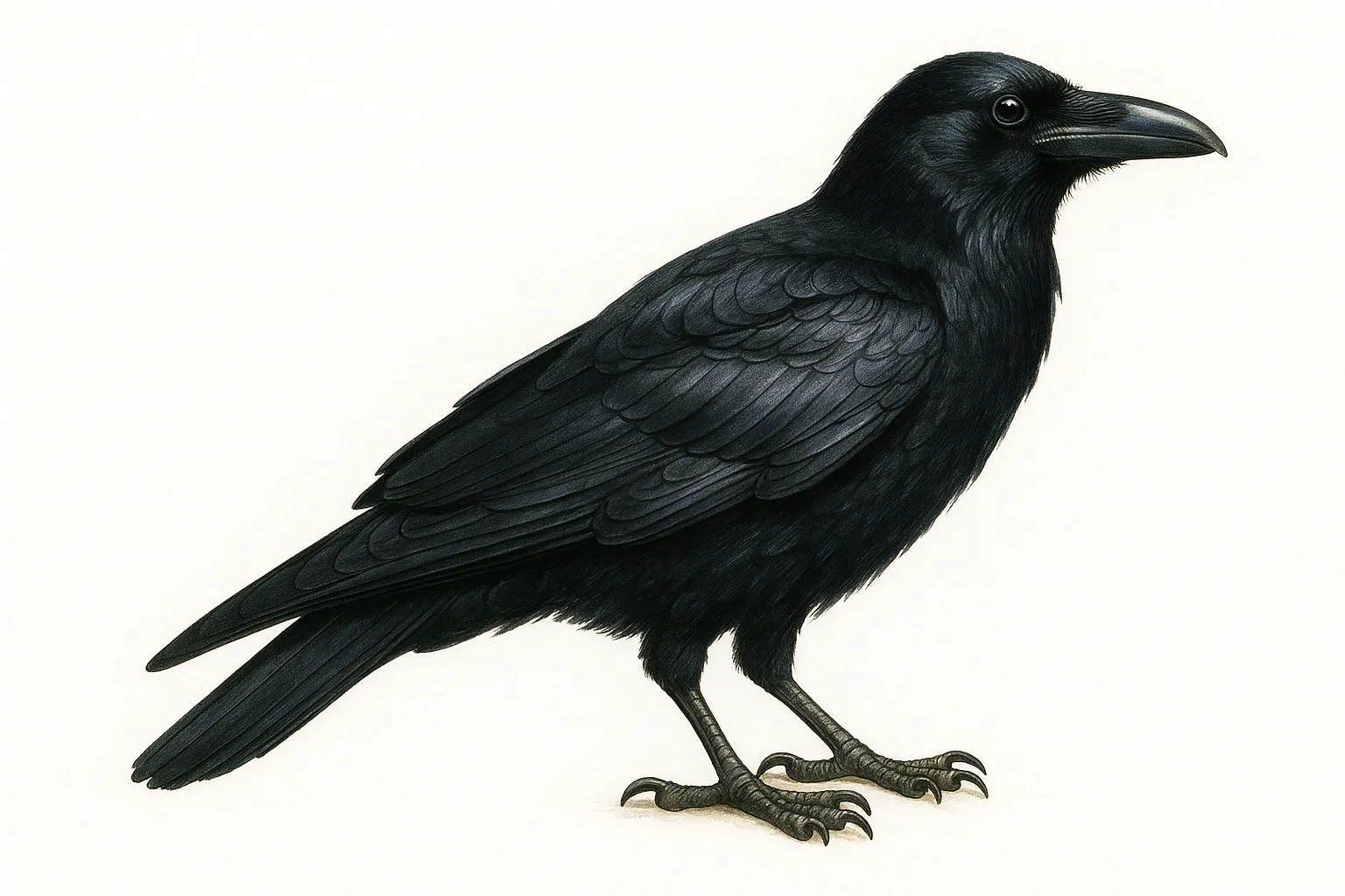 カラスの図鑑のリアルな絵｜カラスの図鑑の絵は、全身を覆う黒い羽毛に繊細な陰影が与えられ、重厚感と艶やかさが強調されています。図鑑の絵らしい写実的な筆致で、知性と存在感がしっかりと伝わってきます。