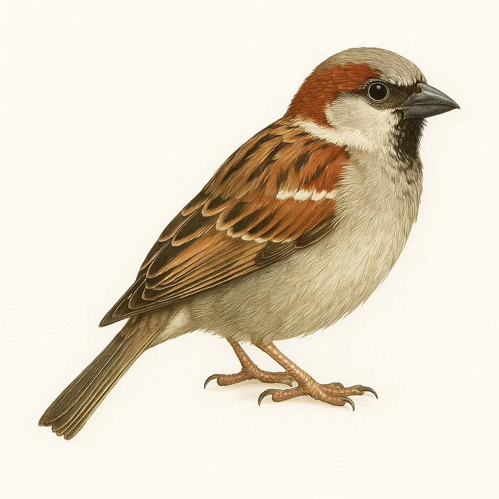 スズメの図鑑のリアルな絵｜スズメの図鑑の絵は、小さな体の模様や茶と灰色の羽色を正確に描き分け、身近な可愛らしさをそのままに表現しています。図鑑の絵として、自然な色彩と精緻な観察力が感じられる仕上がりです。