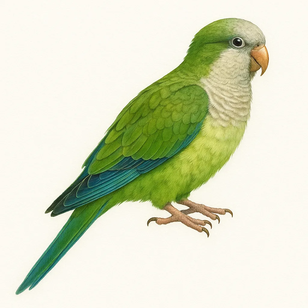 インコ図鑑のリアルな絵｜鮮やかな緑と青の羽が生き生きと表現されたインコ図鑑の絵は、羽毛の細部まで丁寧に描かれており、明るく清涼感のある雰囲気が漂っています。自然な姿勢が魅力的です。