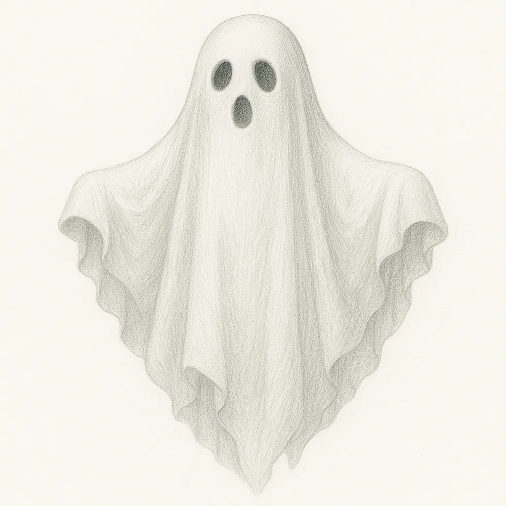 おばけ図鑑のリアルな絵｜白い布のように描かれたおばけ図鑑の絵は、シンプルながらも幽玄な存在感があります。ふわりと漂う布の質感が巧みに表現され、不思議で少し愛嬌のある雰囲気を感じさせます。