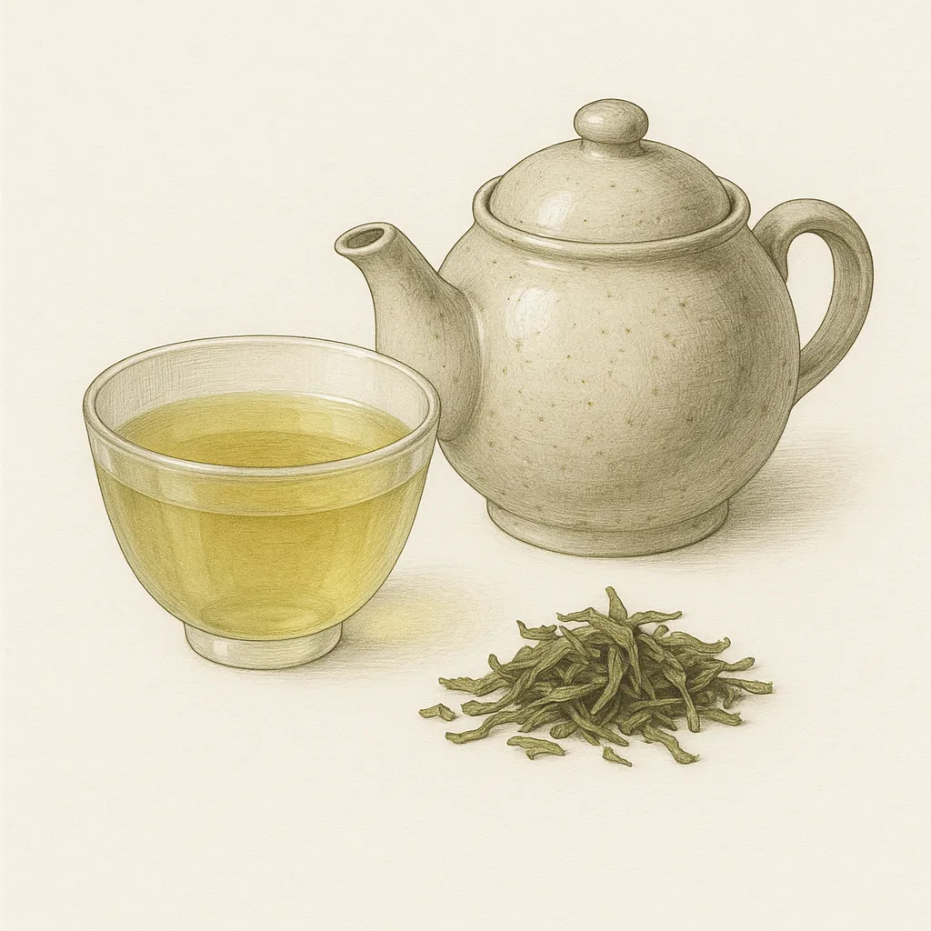 お茶の図鑑のリアルな絵｜お茶の図鑑の絵は湯気の立たない静かなカップと急須、そして茶葉が落ち着いた色彩で描かれています。線の細やかさと陰影の柔らかさが特徴で、図鑑の絵らしい正確な形状表現と穏やかな雰囲気が同居しています。
