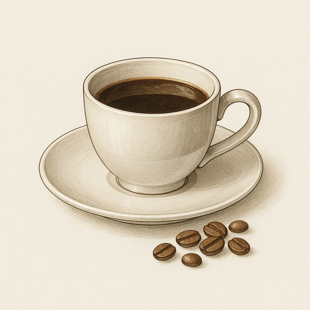 コーヒーの図鑑のリアルな絵｜コーヒーの図鑑の絵はシンプルなカップと皿に濃い黒色の液体が描かれ、豆が添えられることで素材の由来も伝わります。落ち着いた茶系のトーンが中心で、図鑑の絵らしい観察的な正確さが際立っています。