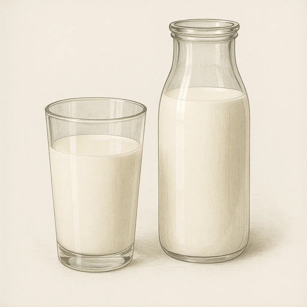 牛乳の図鑑のリアルな絵｜牛乳の図鑑の絵はガラス瓶とコップに注がれたシンプルな構成で、柔らかな色合いが温かみを与えています。細やかな陰影が透明感を引き立て、落ち着いた質感が清潔さを感じさせるスタイルです。