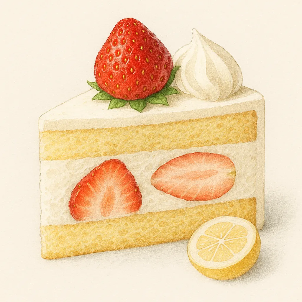ケーキ図鑑のリアルな絵｜柔らかなタッチで描かれたケーキ図鑑の絵は、苺や生クリームの質感が丁寧に再現され、甘い香りまで感じられるような仕上がりです。シンプルで繊細な色彩が瑞々しさを引き立て、眺めているだけで心が華やぐような雰囲気を持っています。