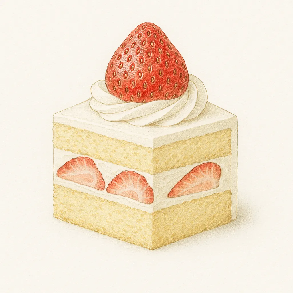 ケーキ図鑑のリアルな絵｜細部まで緻密に描写されたケーキ図鑑の絵は、苺の艶やかさやスポンジのふんわり感が美しく伝わります。クリームの柔らかな立体感が温かみを添え、上品で可愛らしい雰囲気を漂わせています。見ていると食欲をそそる魅力があります。