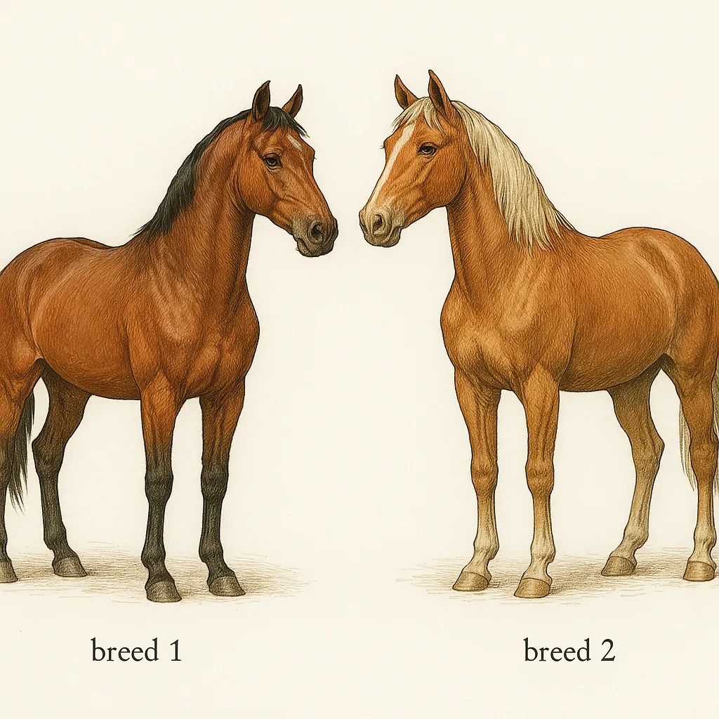 馬の図鑑のリアルな絵｜馬の図鑑の絵は毛並みの質感や体のバランスが丁寧に描かれ、力強さと優雅さを同時に表現しています。自然な姿勢で立つ姿から穏やかな雰囲気が漂い、資料としても芸術的にも鑑賞できる作品です。