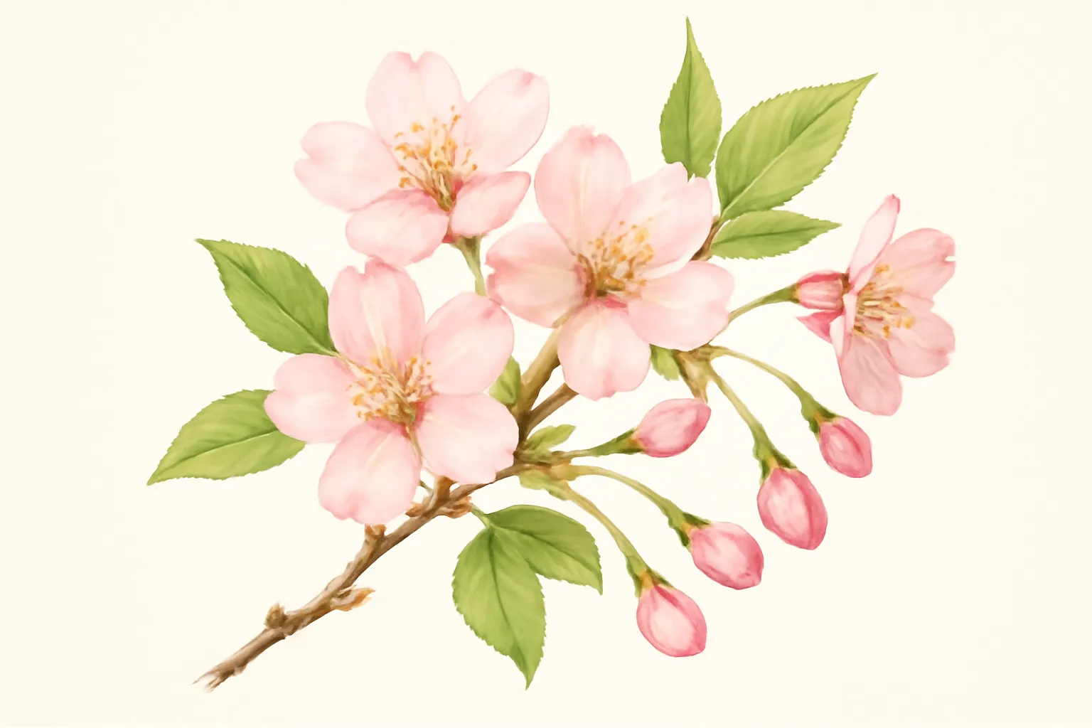 桜の図鑑のリアルな絵｜柔らかなピンクの花弁が優美に広がる桜の図鑑の絵。淡い色彩と繊細な筆致が重なり、春のやさしい空気を感じさせます。自然な花の姿を丁寧に描き込み、上品で温かい雰囲気を纏っています。
