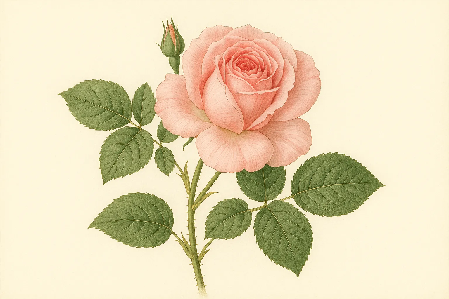 バラの図鑑のリアルな絵｜花びらの重なりが繊細に表現されたバラの図鑑の絵。鮮やかな色彩と葉脈の細やかな描写が際立ち、気品あふれる存在感を持ちます。華やかでありながら落ち着きを感じさせる優美なスタイルが魅力です。