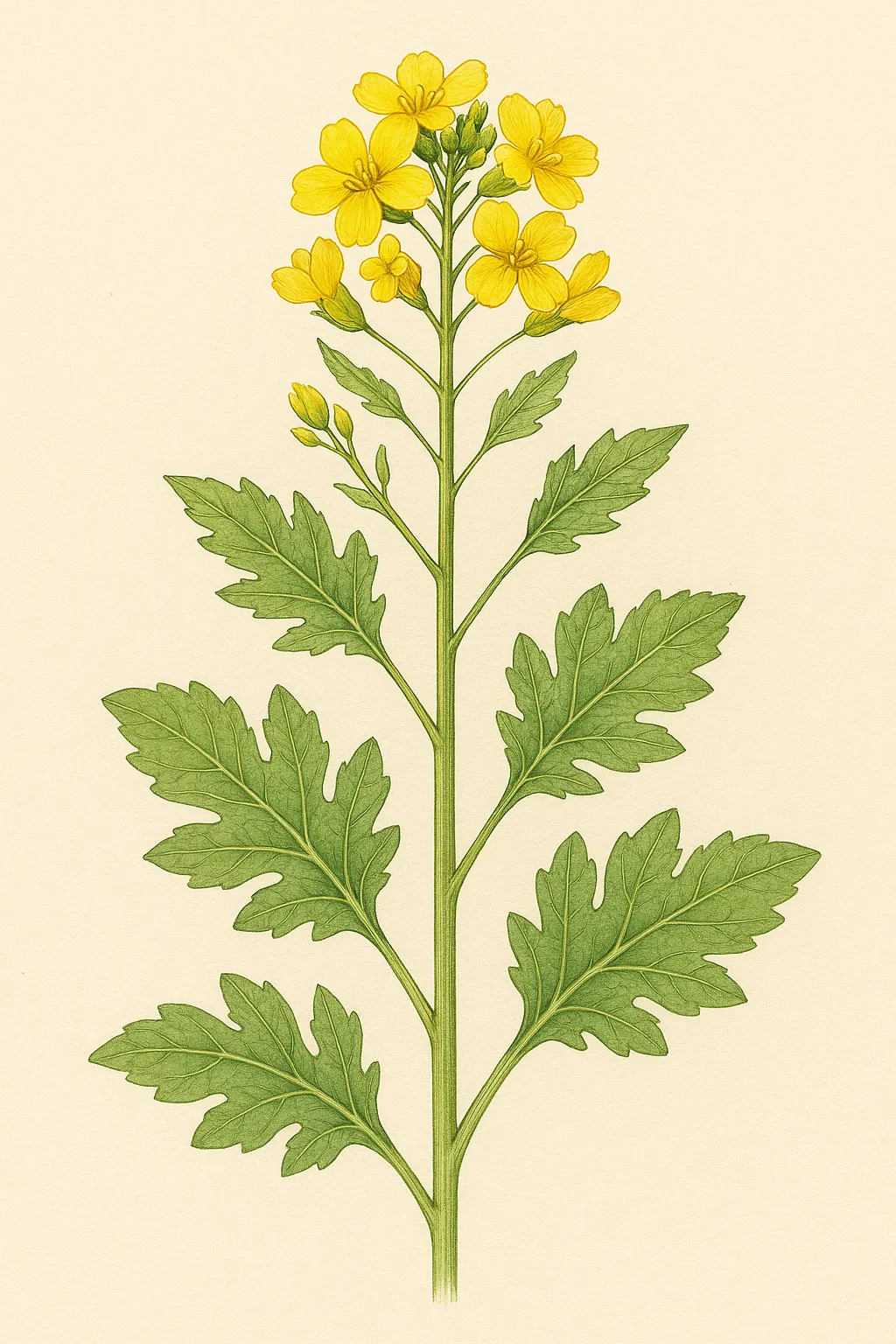 菜の花図鑑のリアルな絵｜明るい黄色の花が生き生きと描かれた菜の花図鑑の絵。細部の描写は植物学的な精密さを重視しつつ、全体に春らしい軽やかさが漂います。構図はすっきりとした直線的な伸びを表現し、清楚な魅力を伝えています。