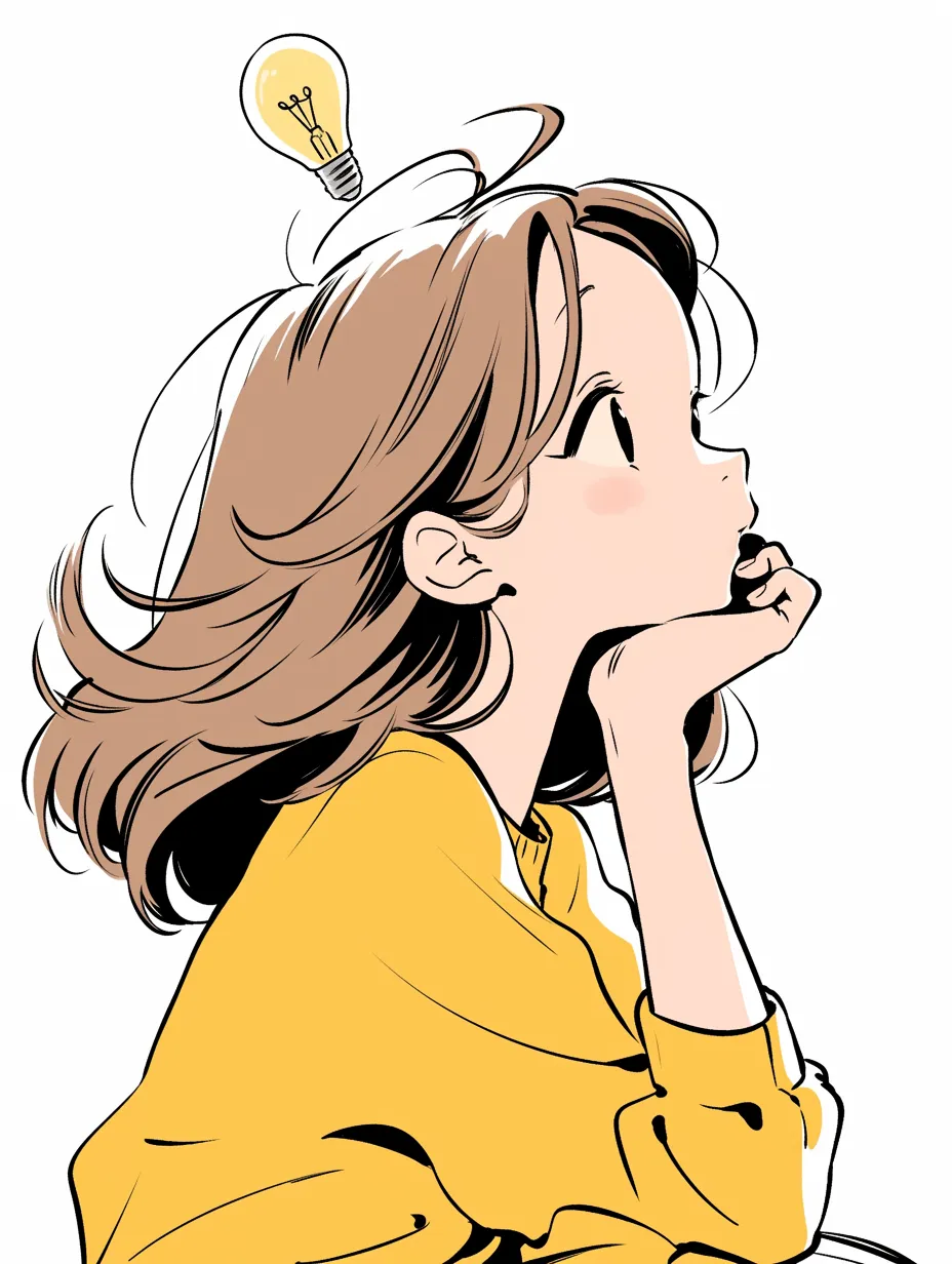 ひらめきと風のリズム｜風に揺れる髪と温かみのある色合いが、優しく柔らかな印象を与える。アナログ風の線とシンプルな配色が洗練された雰囲気を生み、ひらめきが自然に湧き上がる瞬間を描いている。