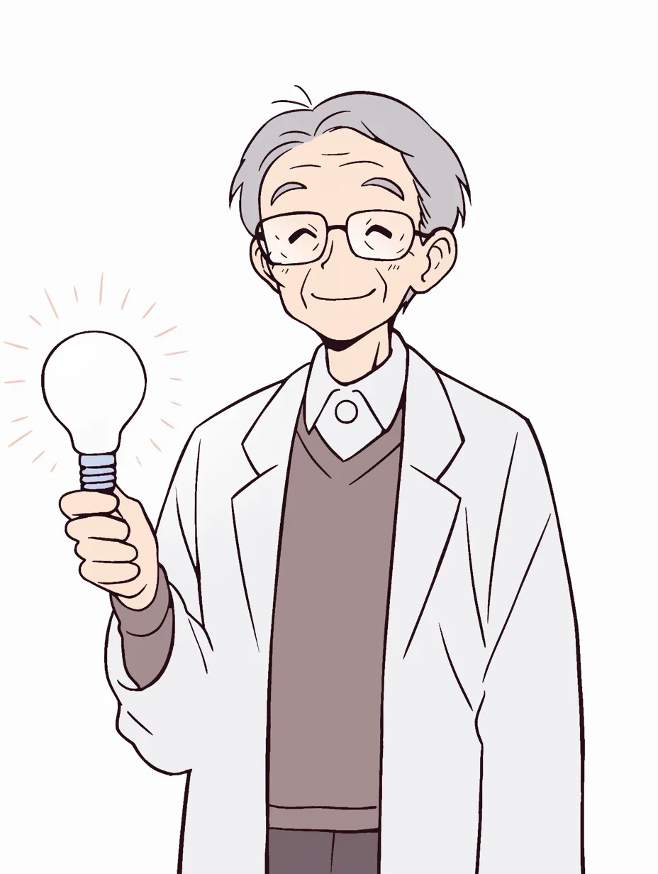 温かいまなざしの発明家｜白衣にブラウン系のセーターを組み合わせた、落ち着いた印象の発明家。シャツの襟元に施されたデザインがさりげないアクセントとなり、シンプルながらも品のあるスタイルに仕上がっている。電球の光が知識の明るさを象徴し、微笑みを浮かべる表情が穏やかさと知性を表現している。