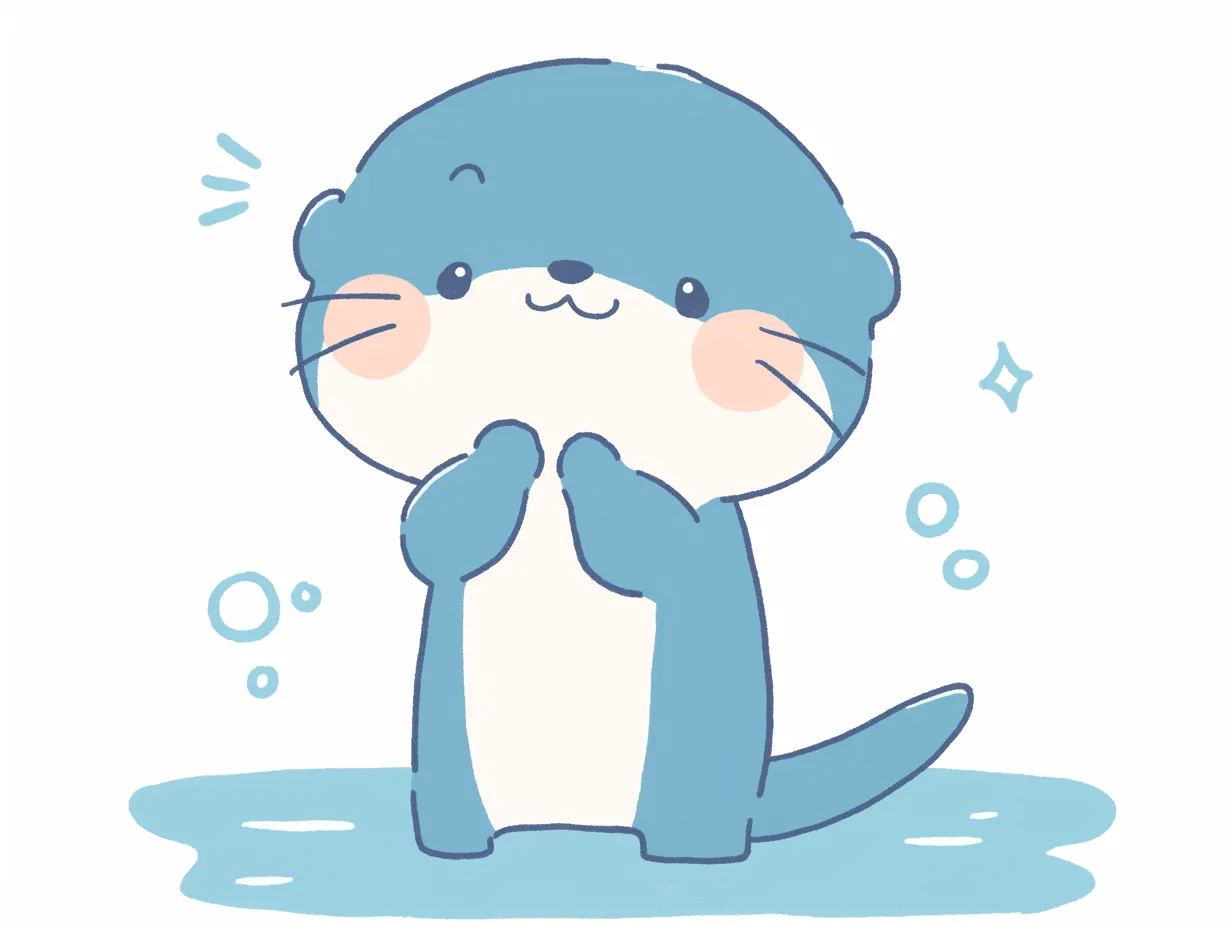 ゆるい水辺のカワウソ　｜淡いブルーの色合いが印象的なカワウソのイラスト。水辺に立ち、ほんのり微笑む表情が愛らしい。ゆるい線とやさしいタッチが、穏やかでリラックスした雰囲気を演出している。