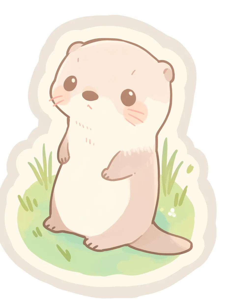 ステッカー風のゆるいカワウソ　｜ふんわりとしたぼかしの効いた線と、やさしい色彩が特徴のカワウソのイラスト。ステッカーのようなデザインがかわいく、ナチュラルな雰囲気が魅力。
