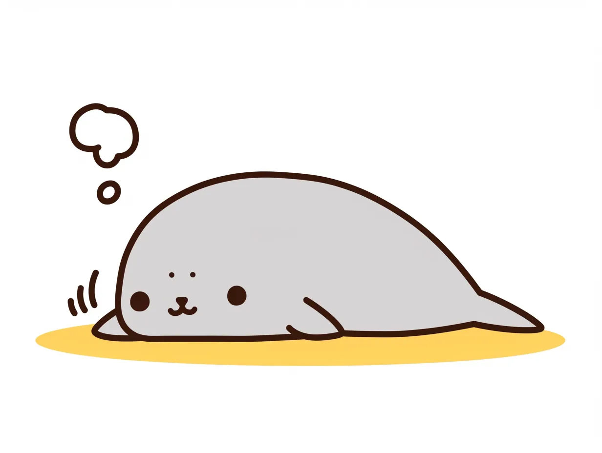 のんびり考えるゆるいアザラシ｜シンプルな線と落ち着いた色合いが特徴のイラスト。砂浜で寝そべるアザラシがゆるやかな雰囲気を醸し出し、考え事をしているような表情がユーモラスで癒しを感じさせる。