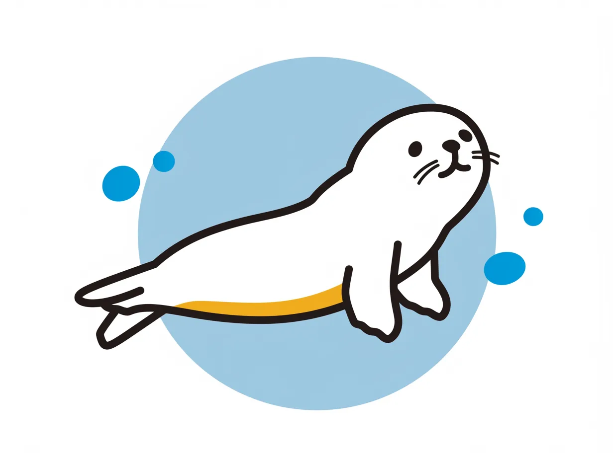 水の中を泳ぐゆるいアザラシ｜ミニマルな線とシンプルな色合いが特徴。丸みのあるフォルムが愛らしく、青い背景がアザラシの気持ちよさそうな雰囲気を引き立てている。
