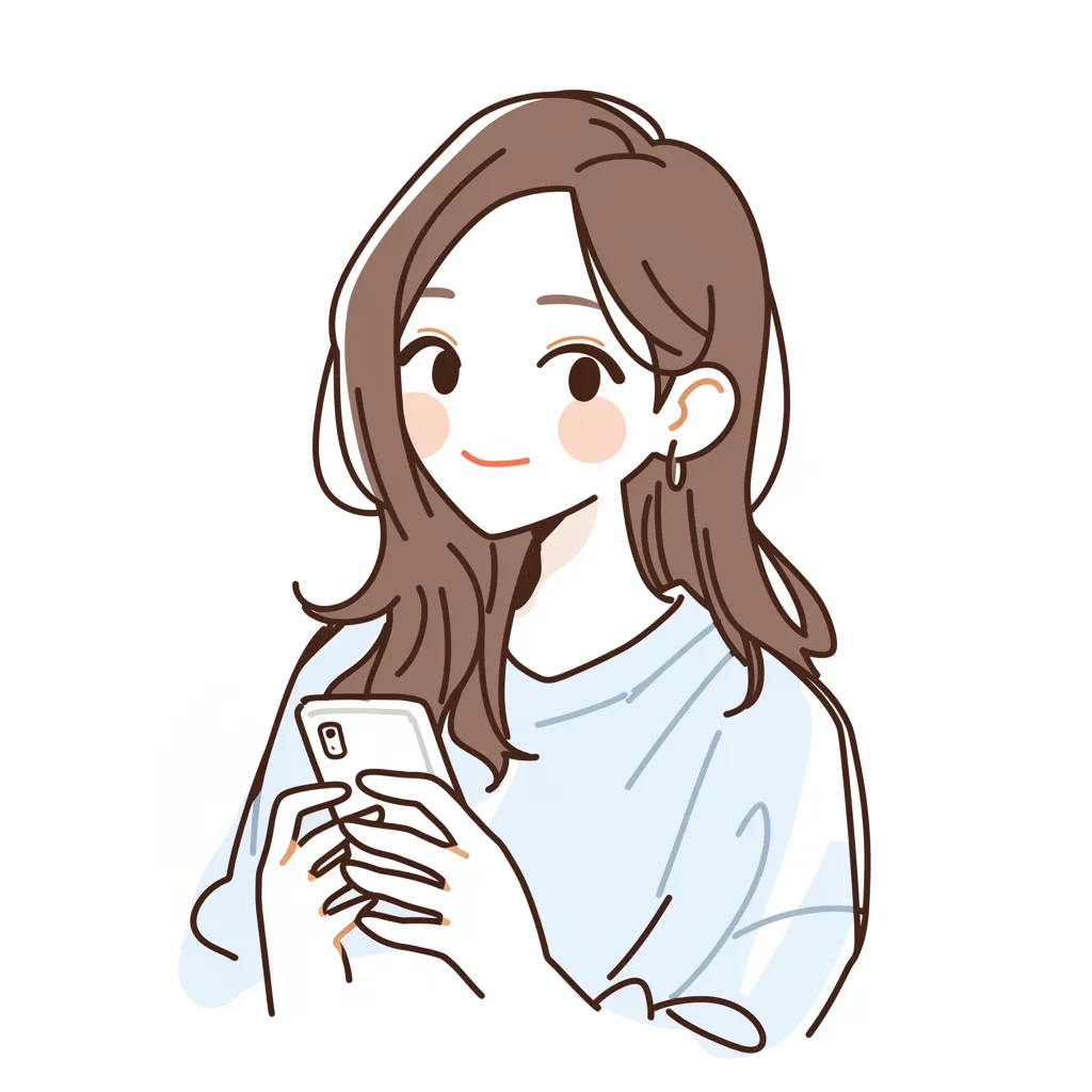 おしゃれゆるいスマホを見る女子横顔｜スマホに集中する女子を斜めから描いたデザイン。髪の流れや表情がゆるいスタイルで丁寧に表現されており、おしゃれな雰囲気と落ち着いた空気感が心地よい。