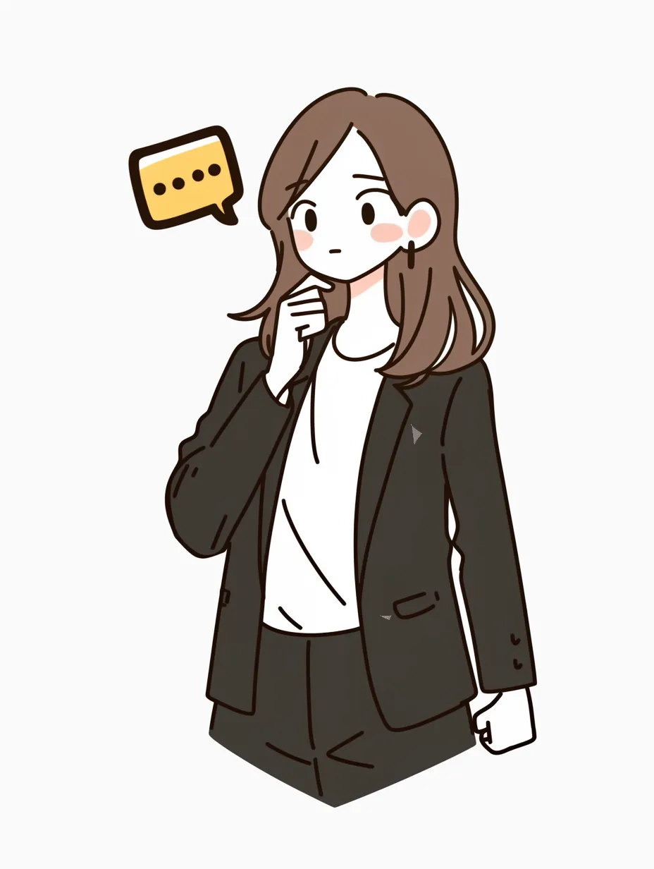 おしゃれキャリア女子の悩みポーズ｜眉をほんの少し寄せて視線を外したような柔らかい表情に、悩みを抱えた静けさがにじむ。ゆるい線と落ち着いた色合いが、おしゃれな思案のひとときを演出している。