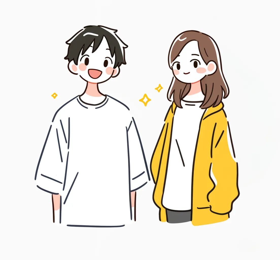 ゆるい中学生のおしゃれイラスト｜明るい笑顔とゆったりとしたポーズが印象的なペアの構成。ゆるい輪郭とカジュアルな服装で、中学生らしいおしゃれな軽やかさが引き立っています。