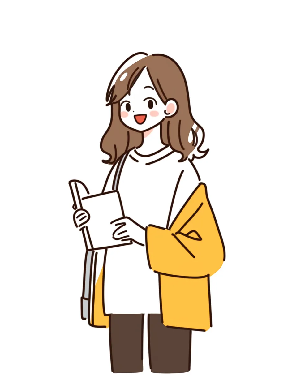 ゆるいおしゃれな女子大学生の読書風景｜ノートを手にした女子大学生をやわらかく描き出し、ゆるいタッチながらも洗練されたおしゃれな印象に仕上がっています。