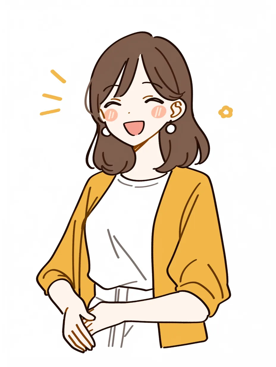 ゆるい笑うおしゃれ女子の表情｜満面の笑みを浮かべた女性の笑顔が、見ている側にも元気をくれる構成。表情やポーズの柔らかさがゆるい空気感を醸し、ナチュラルなおしゃれさが伝わるデザインです。