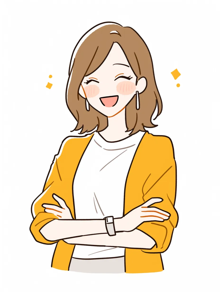 ゆるいおしゃれ幸せな人の笑顔｜肩の力が抜けるような自然体の笑顔が魅力のイラストです。全体にやわらかな曲線が使われ、親しみやすいゆるい雰囲気が漂います。洗練されたファッションで、おしゃれさも感じさせるバランスが心地よく、見る人を明るい気持ちにしてくれます。