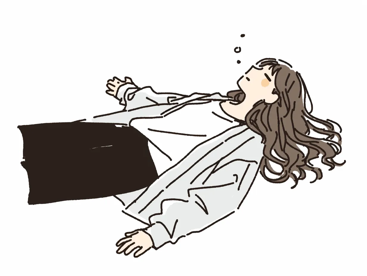 横になる長髪の少女｜柔らかな線で描かれた長髪の少女が横になる様子が印象的。シンプルな色使いが穏やかな雰囲気を引き立て、静かな時間を演出している。