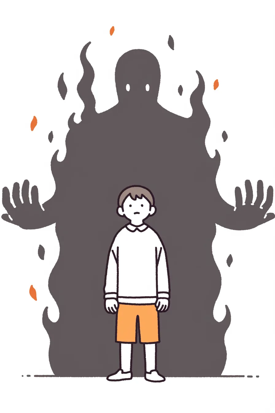 闇に取り憑かれた少年ネクロマンサー｜シンプルな線と限られた色彩が印象的なミニマルなイラスト。少年の背後に燃え上がる影が、ネクロマンサーとしての宿命を表現し、不安と神秘が共存する空気を漂わせる。