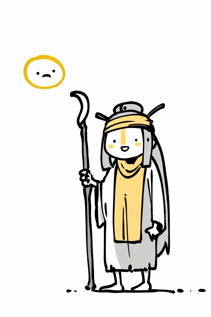 笑顔の導師ネクロマンサー｜シンプルな線と優しい色使いが温かみのある雰囲気を作り出している。ネクロマンサーでありながら、親しみやすい表情と穏やかな空気感が特徴的で、新たな解釈を感じさせる。