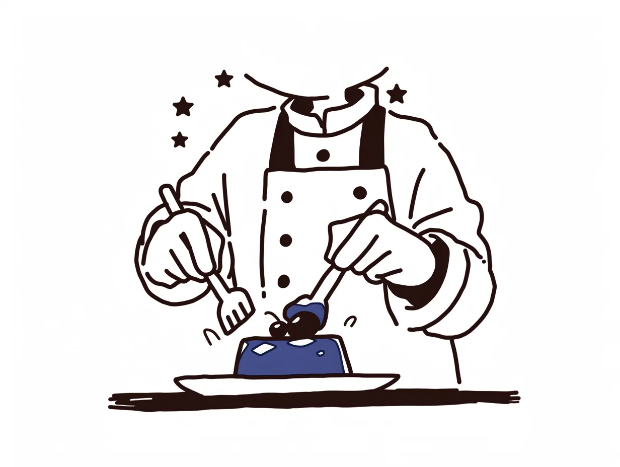 精密な技を極めるパティシエ｜このイラストは、パティシエの手元に焦点を当てたデザインで、細かい作業の様子を伝えています。白いダブルボタンのコックコートは伝統的なスタイルで、袖口の折り返しがプロフェッショナルな印象を与えます。手袋を着用し、フォークとナイフで繊細にデザートを仕上げる姿が、職人としての技術とこだわりを際立たせています。シンプルながらも洗練された雰囲気が魅力です。