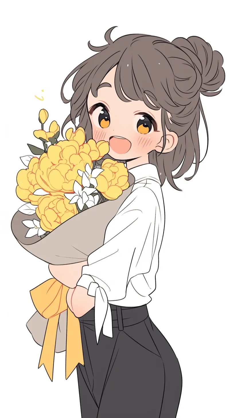 花束を持つアップヘアの可愛い女性｜柔らかな色調と丸みのある描写が、可愛らしさを引き立てています。笑顔と花束を持つ姿が穏やかな幸せを感じさせる作品です。