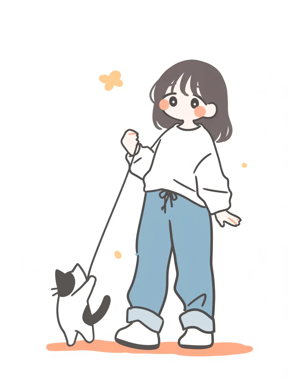 猫じゃらしで遊ぶゆるふわ少女と白黒猫｜やわらかな色彩と丸みのある線が優しい印象を与えるイラスト。ゆるく巻かれた髪の少女が猫じゃらしで遊ぶことで、白黒猫が元気よく跳ねている。落ち着いた配色の中にオレンジのアクセントが入り、ふんわりとした温もりを感じさせるデザインになっている。