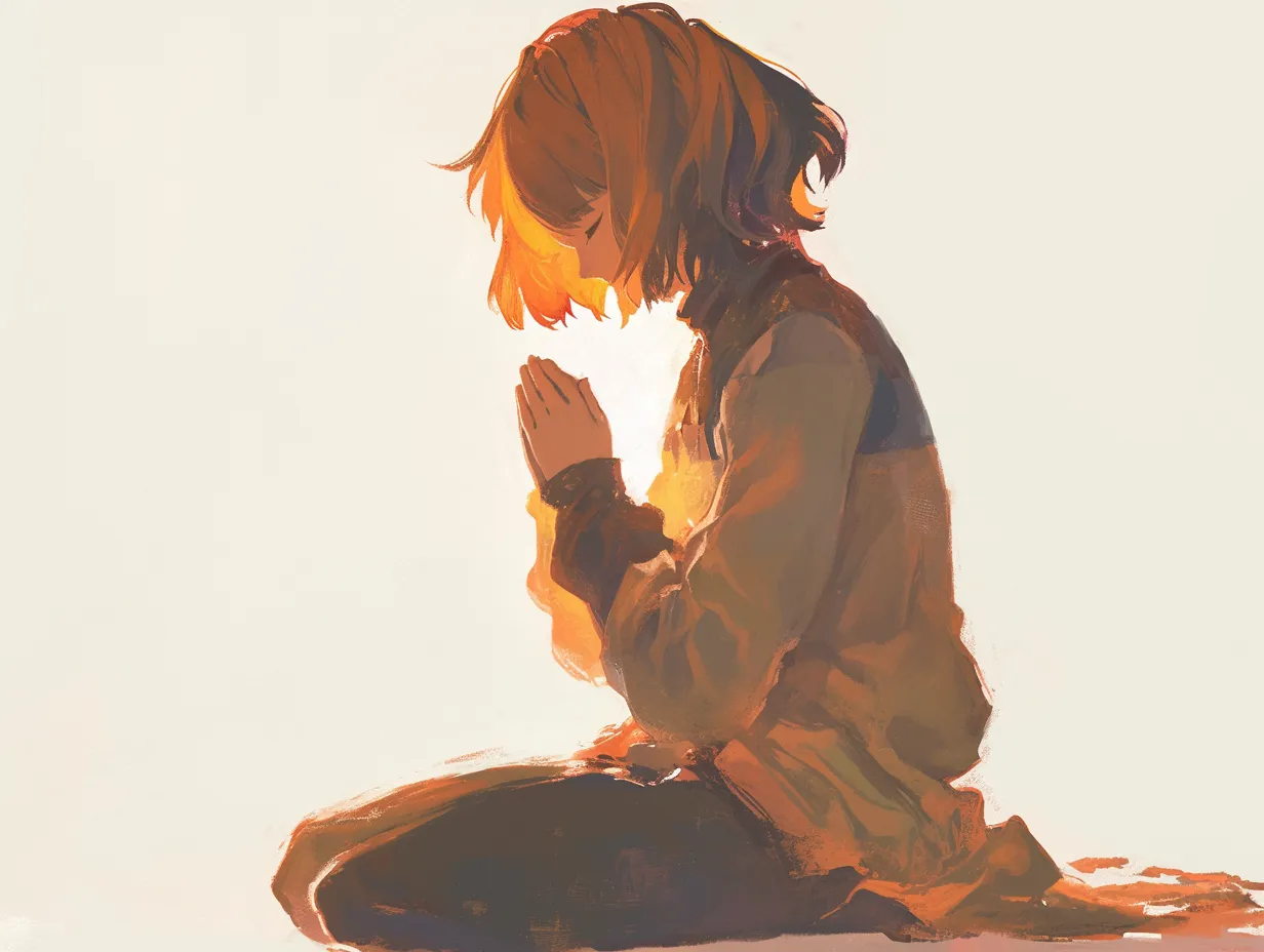 祈る夕陽の少女｜夕陽に照らされながら、静かに手を合わせる少女のシルエットが温かみを帯びている。ざらついた質感のある筆致が、柔らかくも重厚な雰囲気を作り出し、ノスタルジックな感情を呼び起こす。祈るその姿から、過去を振り返るような深い想いが伝わってくる。
