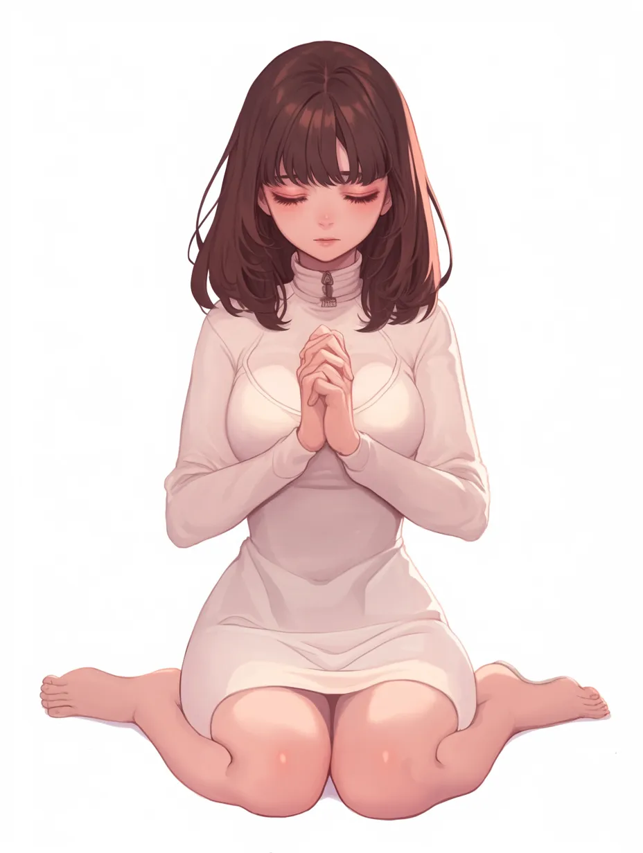 祈る白衣の少女｜膝をつき、ゆっくりと目を閉じながら両手を組む少女の姿が印象的。白いタートルネックのワンピースが彼女の純粋さを引き立て、柔らかい光が包み込むように描かれている。祈るその表情からは心の静けさが感じられ、温かみのあるリアルな画風が魅力的な作品。