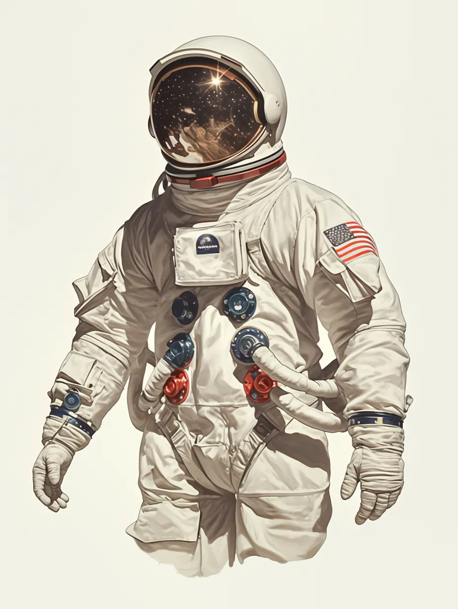 歴史を感じるリアル宇宙飛行士の装備｜クラシックなデザインの宇宙服が特徴的。厚みのあるスーツは耐久性を重視し、胸部に配置された複数のバルブが生命維持装置の機能を示している。リアル宇宙飛行士の歴史を感じさせる細部のディテールが際立ち、シンプルながらも存在感のあるデザインに仕上がっている。