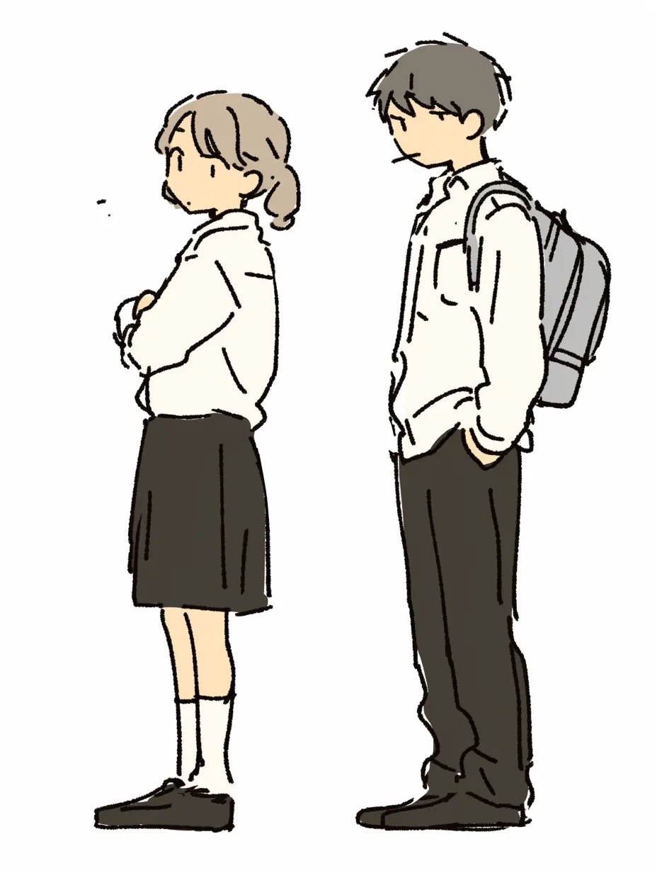 静かな空気が漂う学生服シーン｜学生服を着た二人が並ぶ、落ち着いた雰囲気のイラストです。モノトーンに近い配色とミニマルな表現が特徴的で、距離感のある構図が印象に残ります。シンプルな線と無駄のないポーズが、キャラクターの心情を伝えるような仕上がりになっています。余白を活かしたデザインで、幅広い用途に活用できるイラストです。