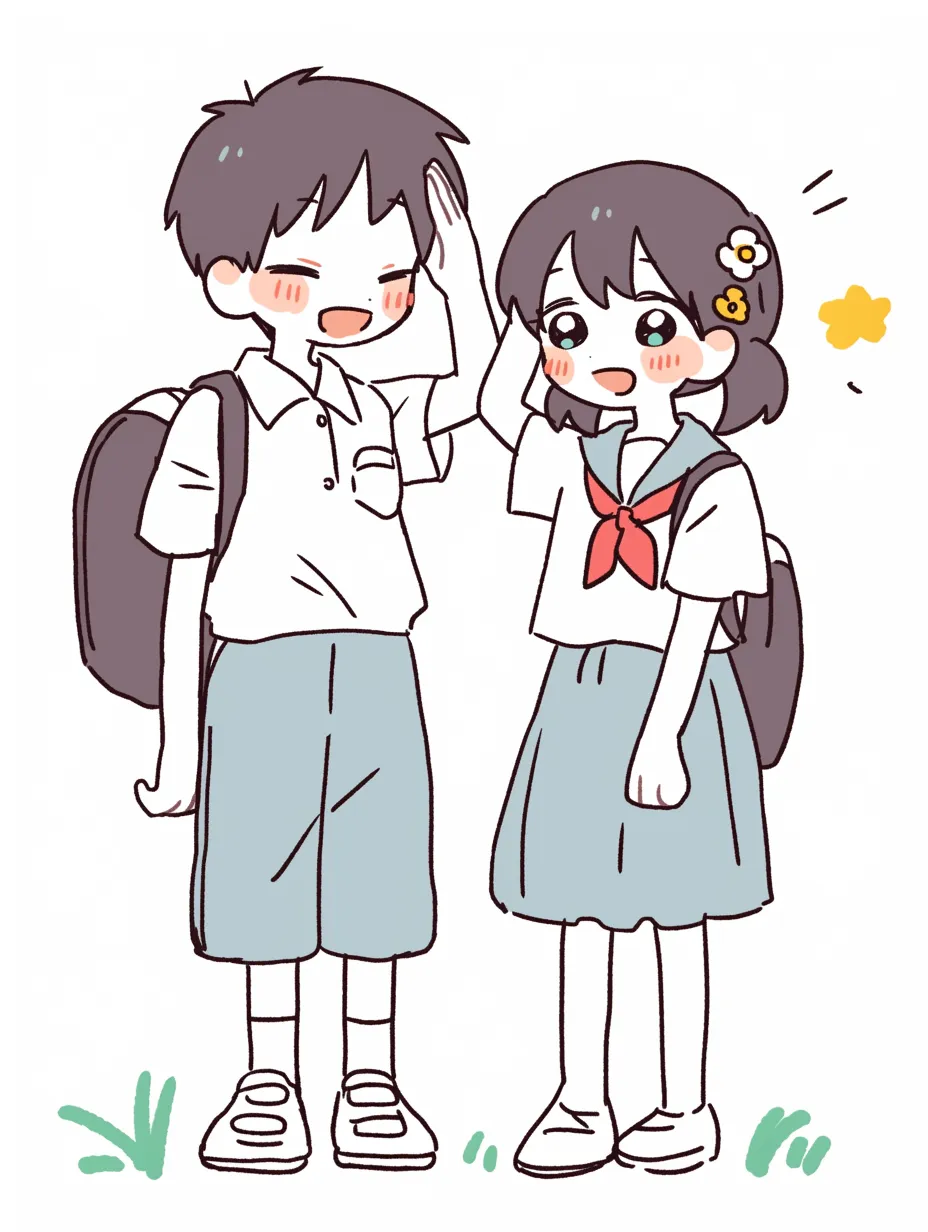 自然なやり取りが描かれた学生服シーン｜学生服を着たキャラクターが、楽しそうに会話している様子が描かれています。ポロシャツとセーラー服のバランスが良く、親しみやすい印象を与えます。ヘアアクセサリーやリュックの小物がアクセントとなり、ストーリー性のあるデザインになっています。表情やポーズの自然さが魅力のイラストです。