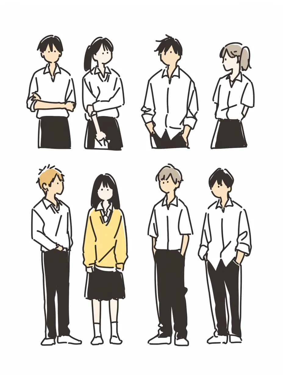 ベーシックな学生服のグループシーン｜学生服を身にまとったグループが、自然な立ち姿で描かれています。ホワイトシャツと黒のスカート・パンツのコントラストが際立ち、学生らしい爽やかな印象を与えます。制服のデザインはシンプルながらも、袖のまくり方や服のシワの表現がリアリティを感じさせるポイントです。ナチュラルで統一感のあるスタイルが、素材としての使いやすさを高めています。