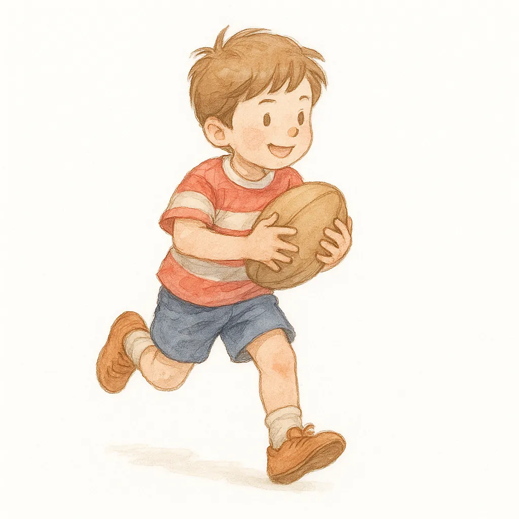 おしゃれセミリアルでかわいいラグビーするこども｜ラグビーボールを抱えて走るこどもを、ふんわりとしたタッチで元気に描きました。ユニフォームの色合いや腕の動きが躍動感を生み、遊びやスポーツ活動のシーンに活用できる明るい素材です。