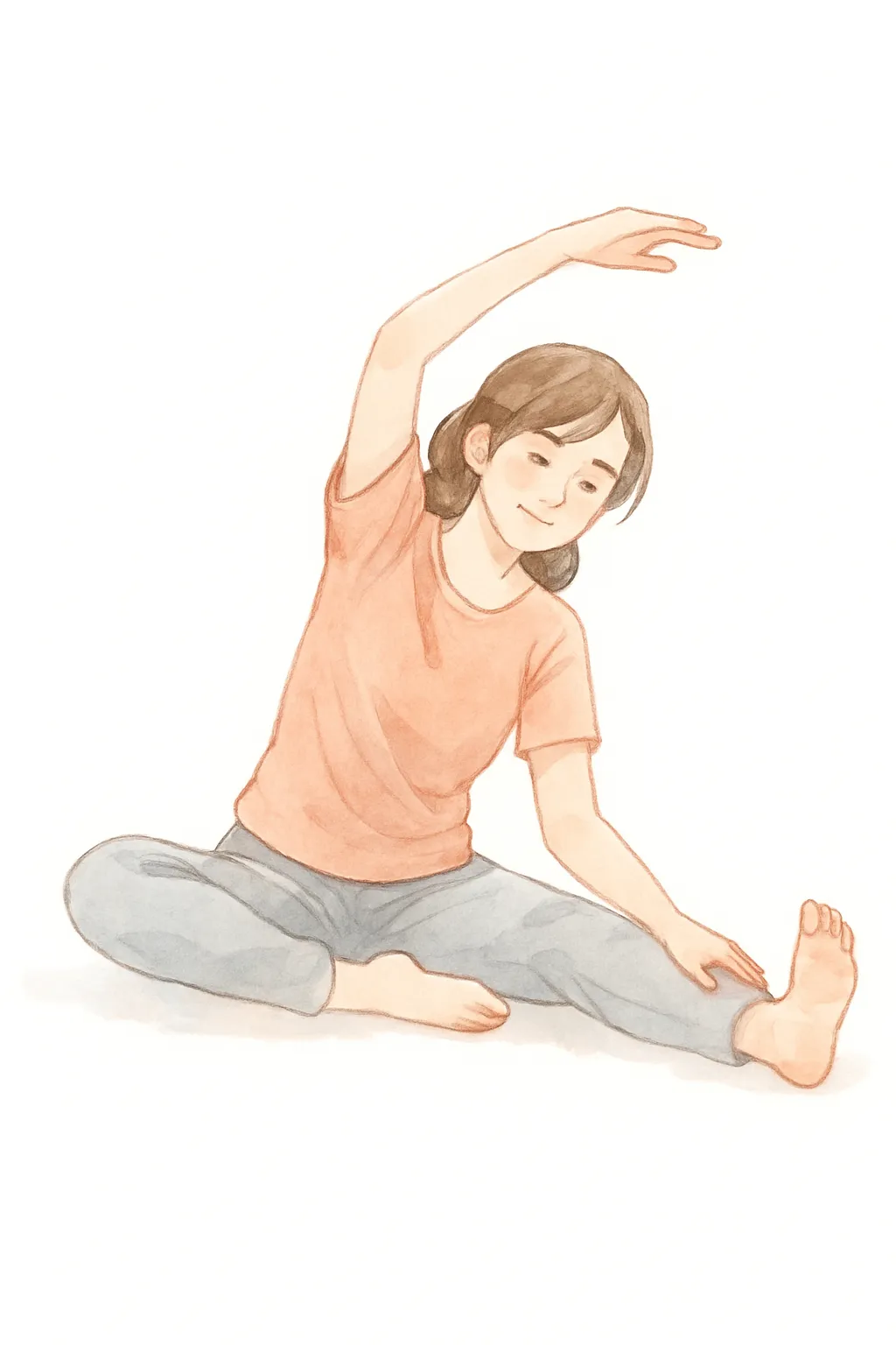 おしゃれセミリアルでかわいいストレッチ｜ゆったりと体を伸ばすストレッチの姿を、水彩風のやさしいタッチで描きました。腕や脚の動きが自然に表現され、運動前後のイメージや健康素材としても活用しやすいシンプルな構図です。