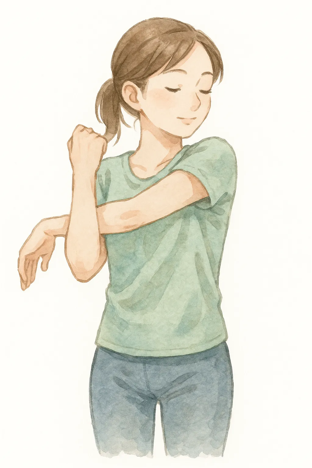 おしゃれセミリアルでかわいい肩甲骨ストレッチ｜肩甲骨まわりをじっくり伸ばすポーズを、シンプルでやさしい筆致で表現。腕の位置や背筋のラインがしなやかに描かれ、肩こり解消やリラックス習慣に適した落ち着いた印象の素材です。